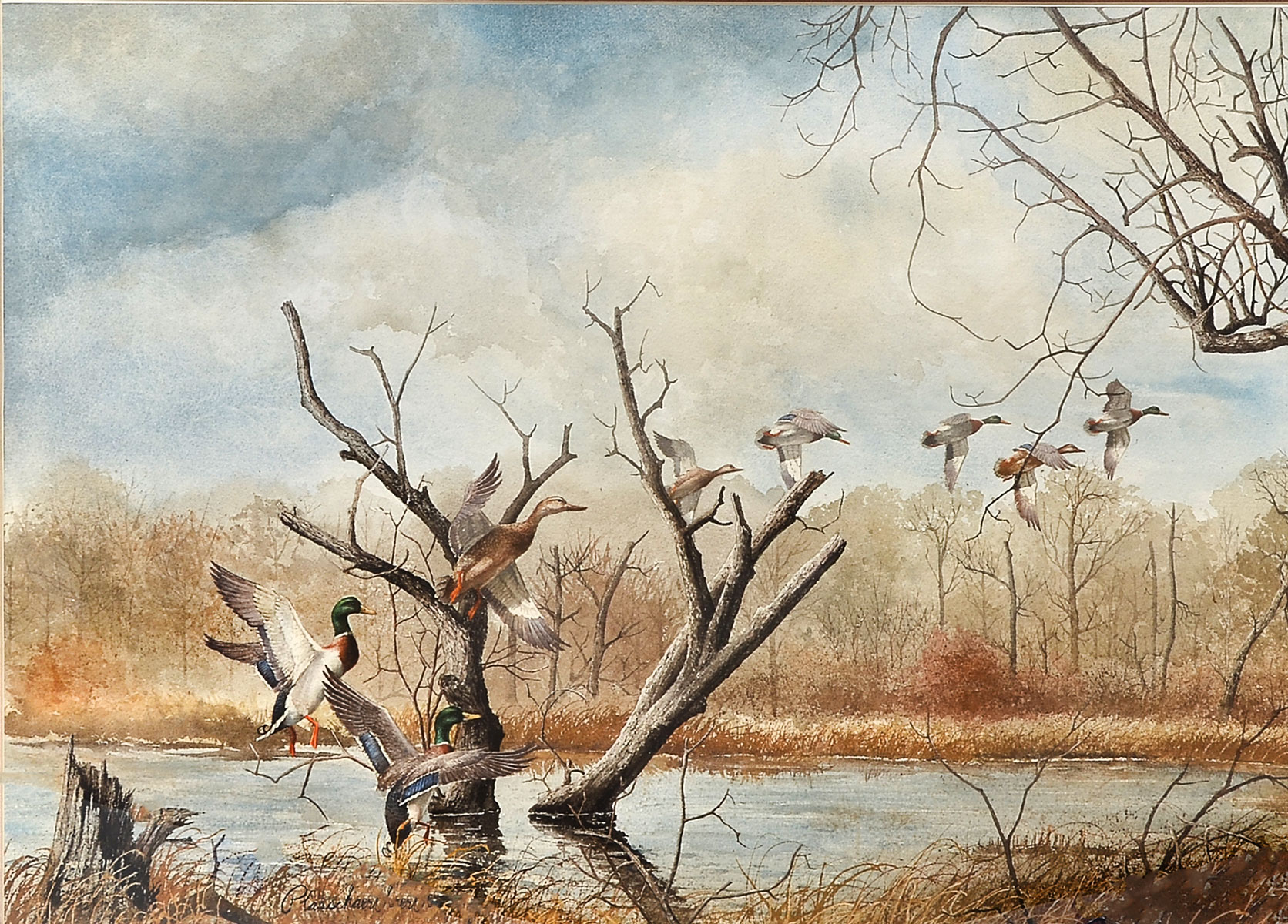 Appraisal: PLASSCHAERT Richard American - Ducks in Flight on the Marsh