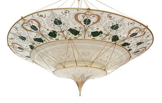 Appraisal: A Fortuny Silk Scheherazade Three-Tier Chandelier Height x diameter inches