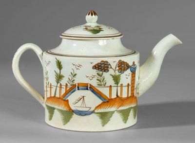 Appraisal: Pearlware teapot with bridge sailing vessel under bridge flanked by