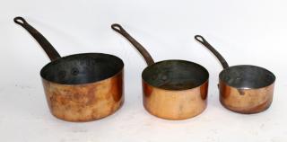 Appraisal: Set of French copper nesting saucepans with iron handles h-