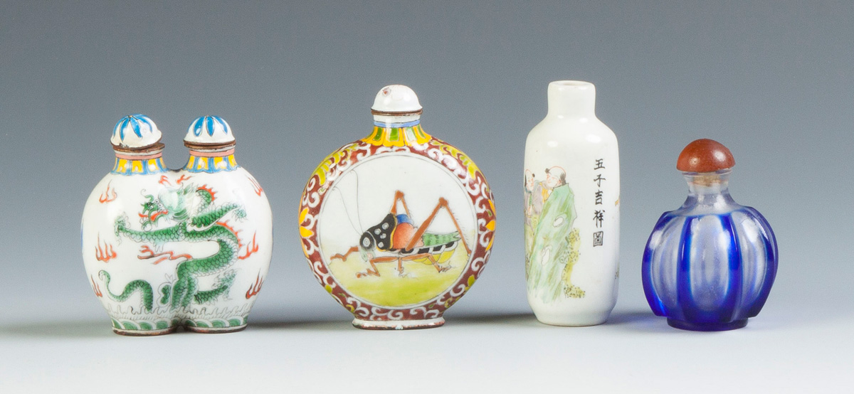 Appraisal: Four Chinese Snuff Bottles L to R Two enamel on