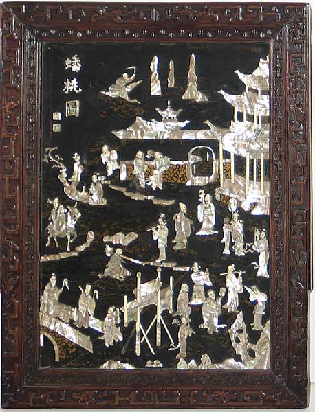 Appraisal: A lacquered wood panel inlaid with mother-of-pearl and ivory Decorated