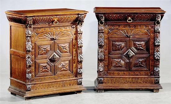 Appraisal: Pair Continental carved oak side cabinets th century rectangular molded