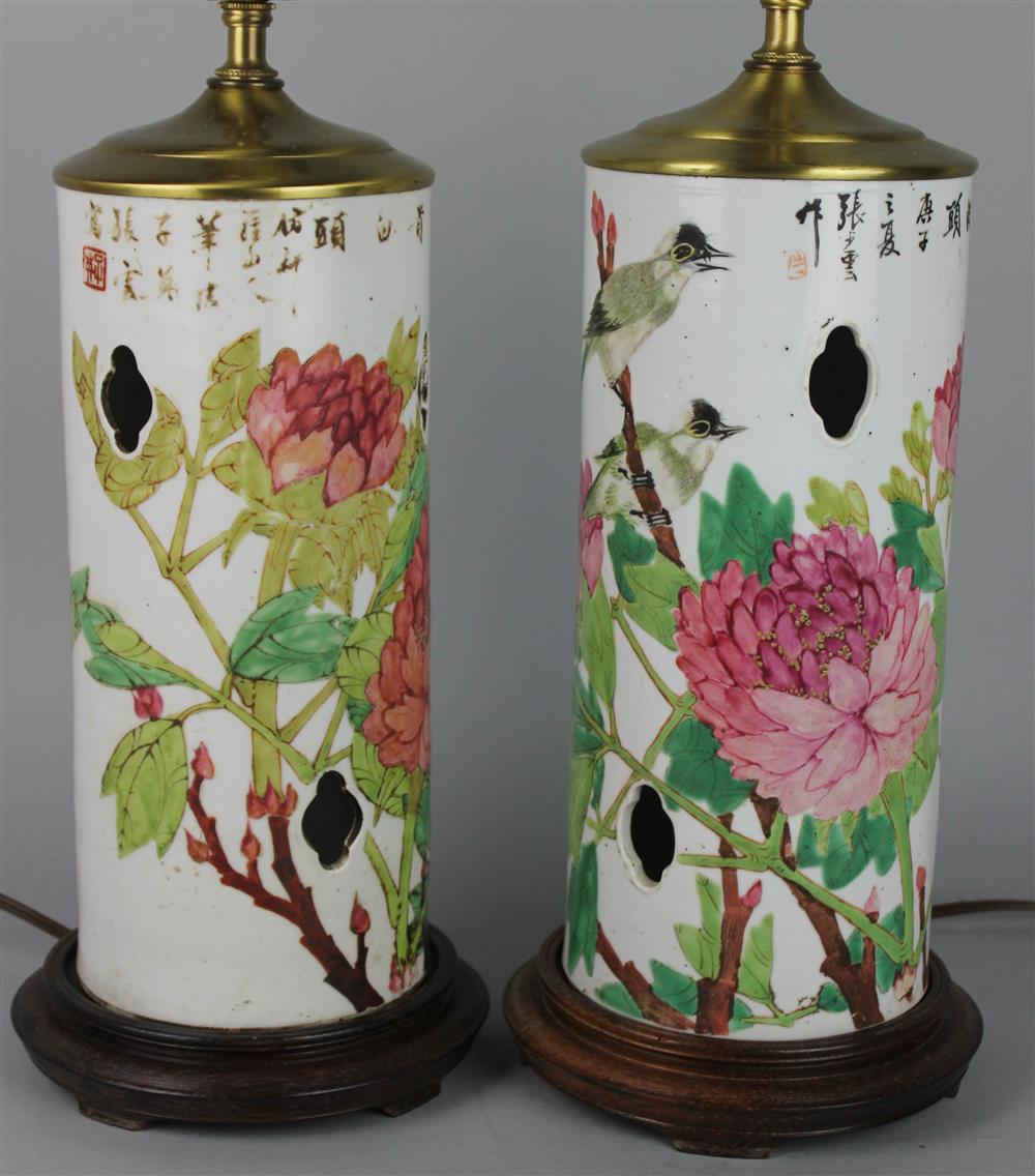 Appraisal: PAIR OF CHINESE FAMILLE ROSE HAT STANDS NOW MOUNTED AS