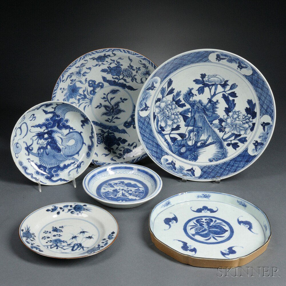 Appraisal: Six Blue and White Tableware Items Asia a rounded dish