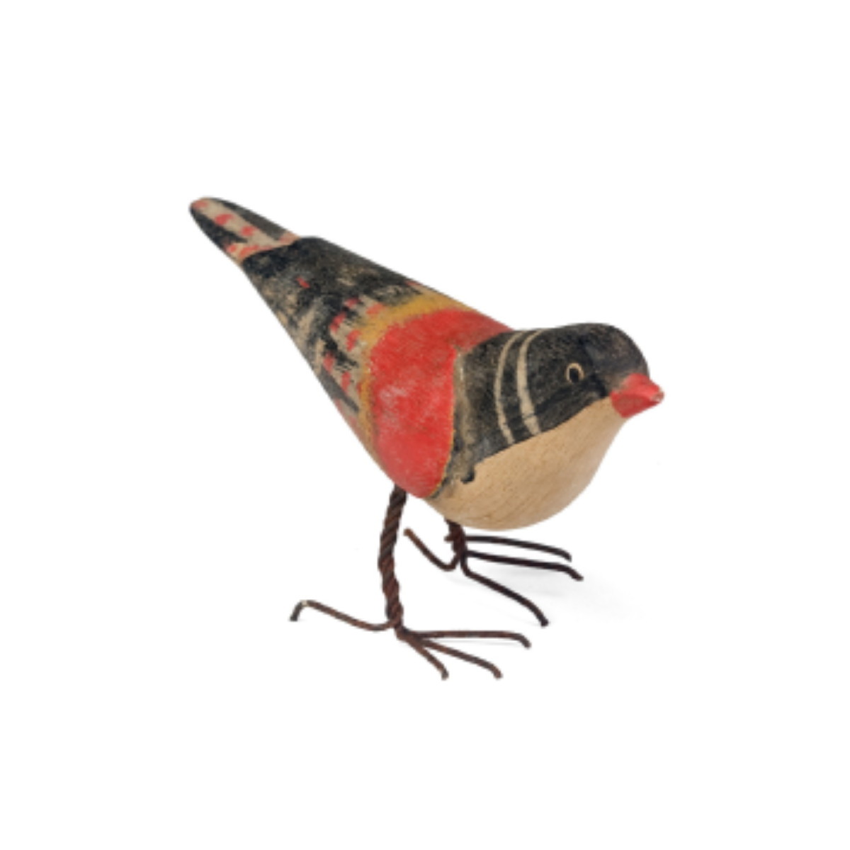 Appraisal: CARVED AND POLYCHROME-PAINTED WOODEN BIRD WITH WIRE LEGS PROBABLY AMERICAN