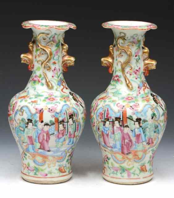 Appraisal: A PAIR OF CHINESE CANTON SMALL BALUSTER VASES each with