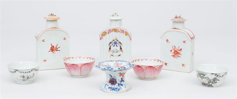 Appraisal: THREE CHINESE EXPORT PORCELAIN TEA CADDIES Together with an Imari