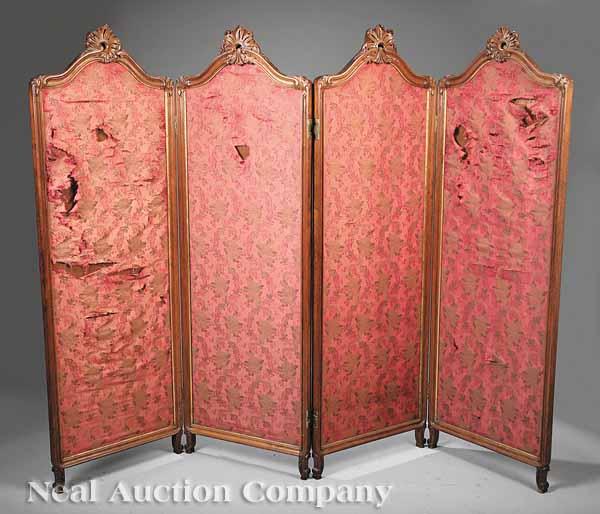 Appraisal: An Antique French Carved Walnut Four Panel Screen th c