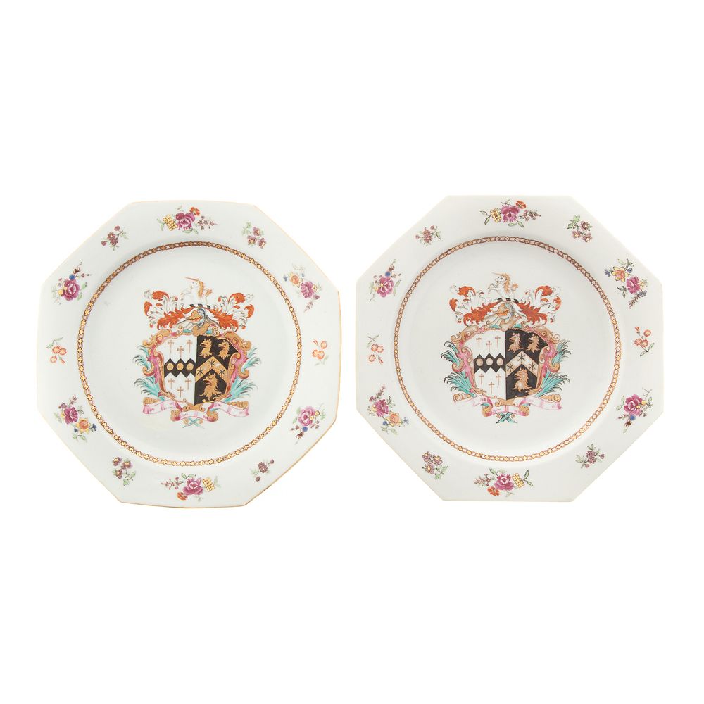 Appraisal: Pair Chinese Armorial Porcelain Plates Circa Famille Rose floral decoration