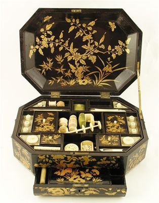 Appraisal: A late th century Chinese lacquer sewing box decorated bamboo