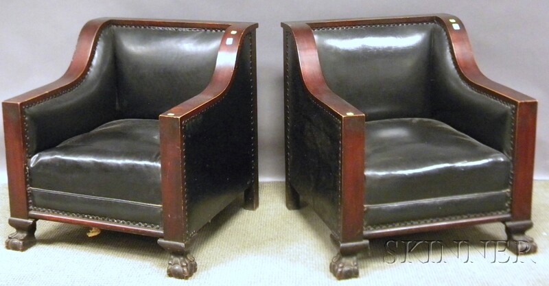 Appraisal: Pair of Empire-style Naugahyde Upholstered Mahogany-finished Carved Maple Club Chairs