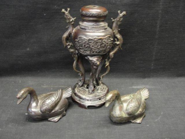 Appraisal: Bronze Incense Burner Pair of Bronze Swans From a Larchmont