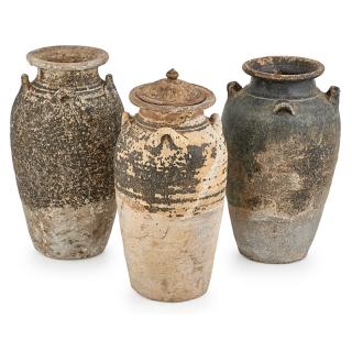 Appraisal: GROUP OF THAI POTTERY Three storage jars each with flaring