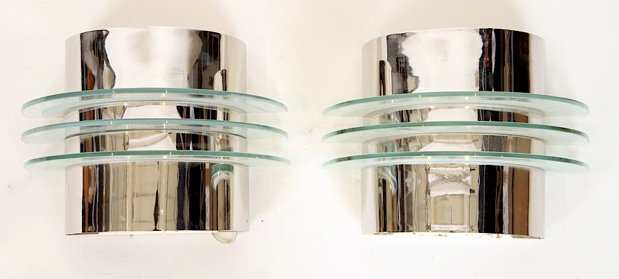 Appraisal: PAIR CHRHOME GLASS ART DECO STYLE WALL SCONCES A pair