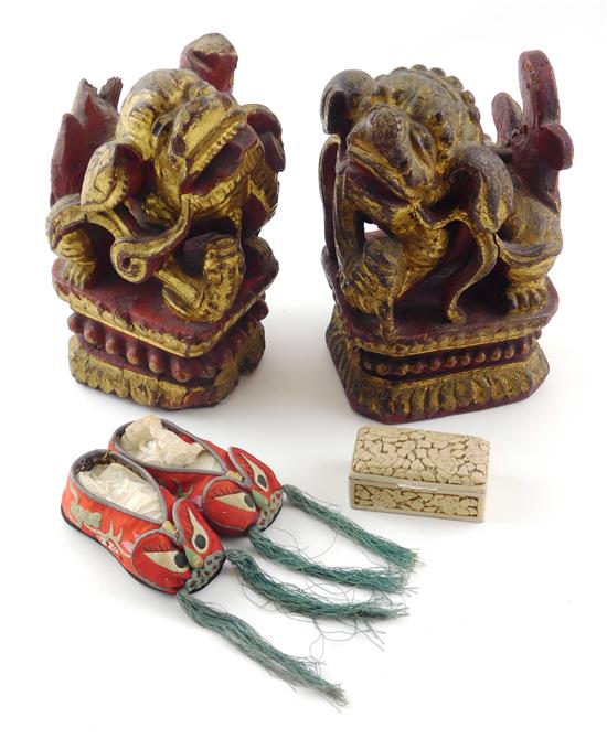 Appraisal: ASIAN Chinese carved figures shoes and desk accessories four pieces