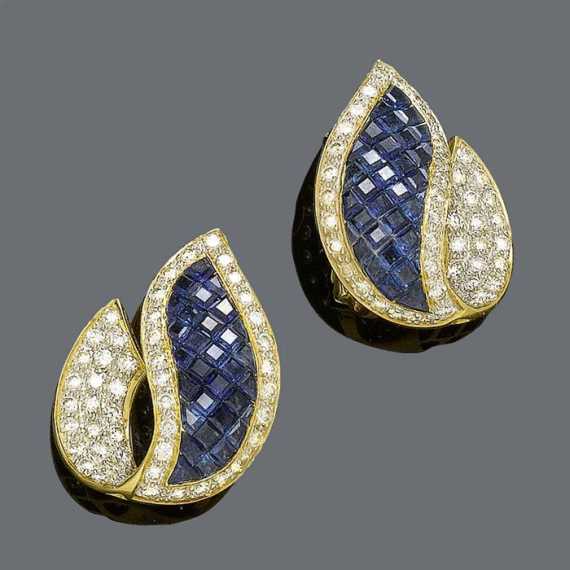 Appraisal: SAPPHIRE AND DIAMOND EARCLIPS Yellow gold Elegant decorative earclips of