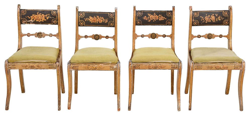 Appraisal: Set of Four Classical Painted Parcel Gilt Chairs first half