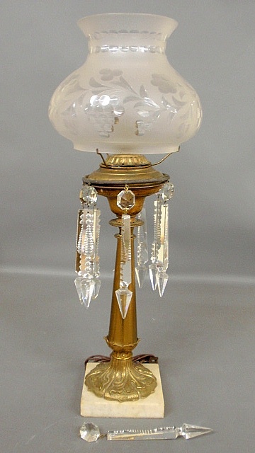 Appraisal: - Brass Sinumbra lamp with marble base and etched glass