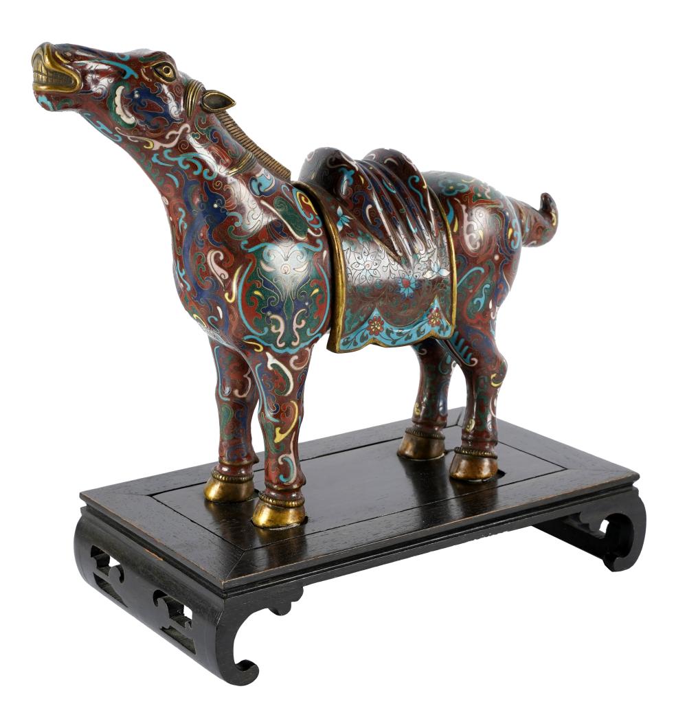 Appraisal: CHINESE CLOISONNE ENAMEL HORSE FIGUREwith wooden stand Provenance The Mrs