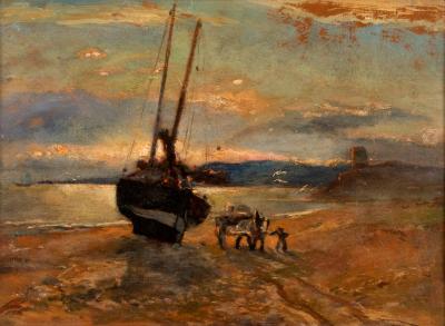 Appraisal: th Century English School Fishing Boat on the Foreshore oil