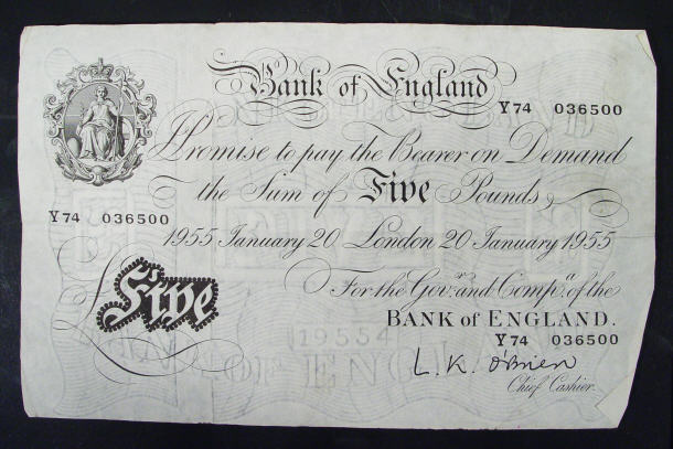 Appraisal: White Bank of England note O'Brien No Y