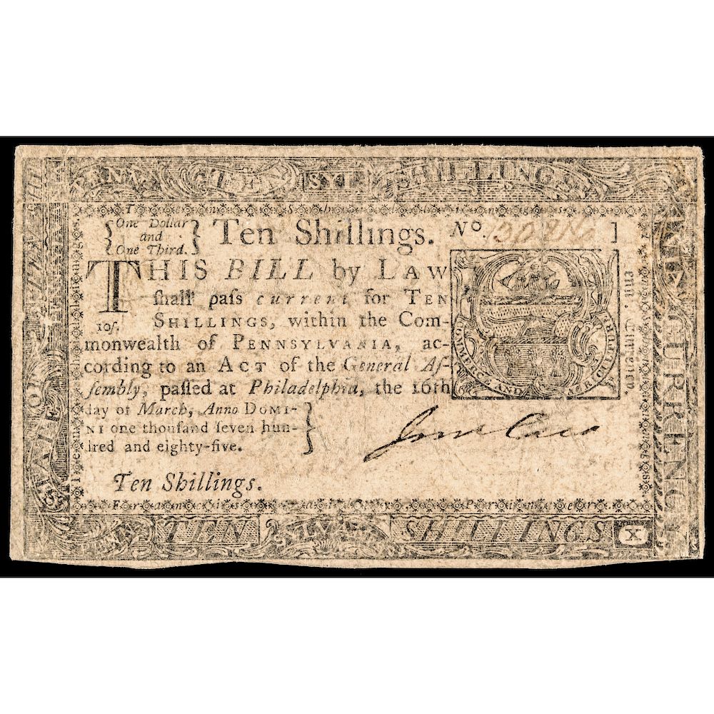 Appraisal: Colonial Currency Pennsylvania March Ten Shillings Circulated Note Pennsylvania Currency