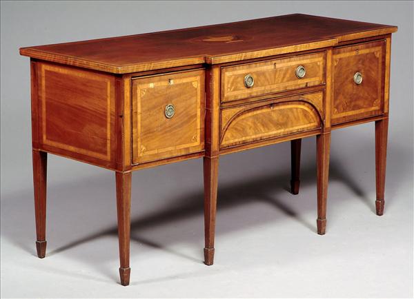 Appraisal: A George III mahogany and marquetry breakfront sideboard circa the