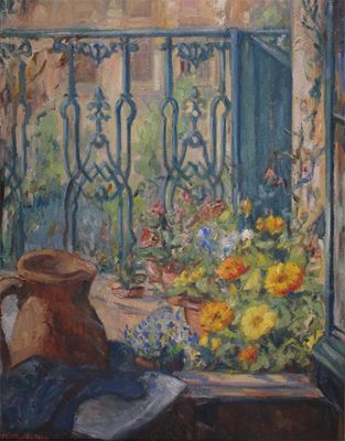 Appraisal: Mary MacMullan th Century Flowers on a balcony Signed Oil