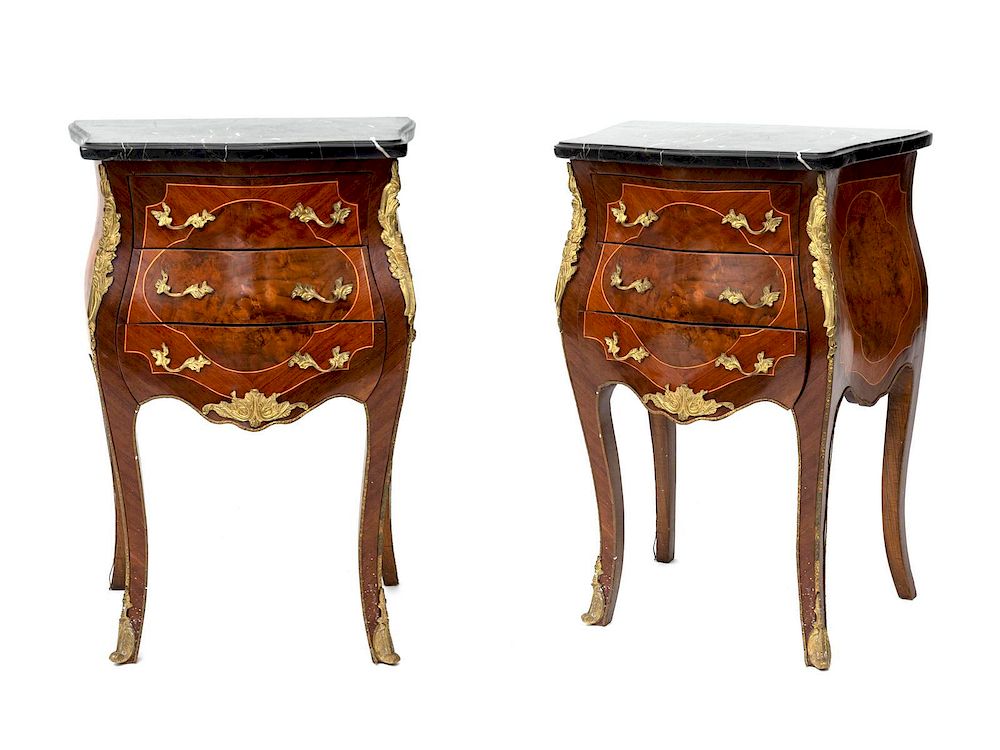 Appraisal: A Pair of Louis XV Style Marquetry Petit Commodes Height