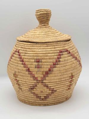 Appraisal: Lidded Yup'ik Grass BasketA grass bundle-coiled Yup'ik storage basket with