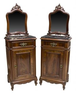 Appraisal: ITALIAN MAHOGANY MARBLE BEDSIDE CABINETS pair Italian mahogany mirror back