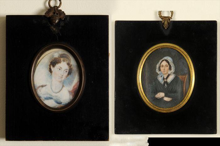 Appraisal: TWO PORTRAIT MINIATURES ON IVORY Woman in high-waisted dress x