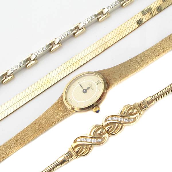 Appraisal: A collection of diamond and gold bracelets and one gold