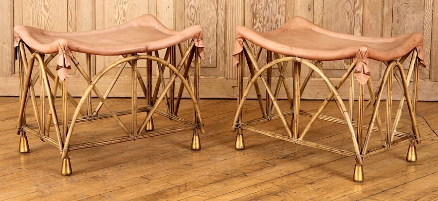 Appraisal: PAIR RATTAN STOOLS HAVING SOFT LEATHER SEATS A pair of