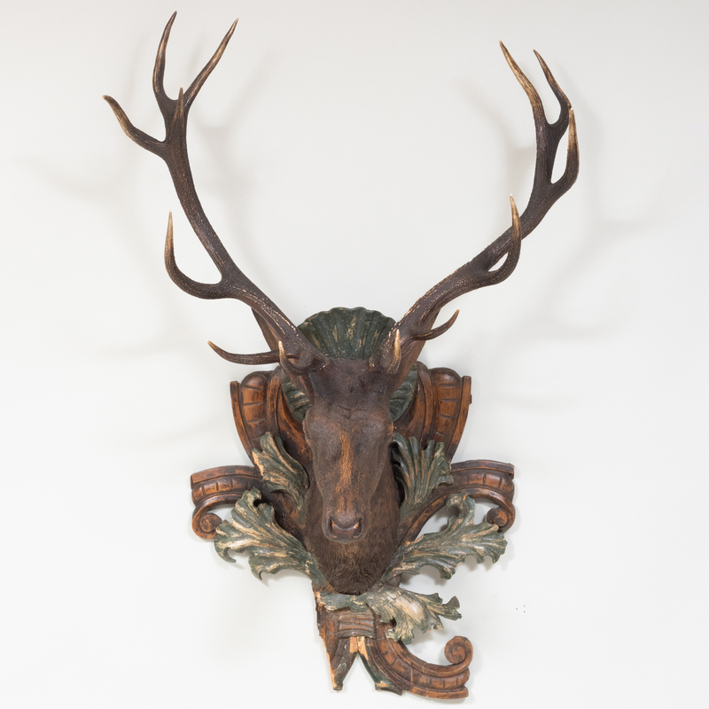 Appraisal: CARVED PAINTED WOOD AND HORN DEER TROPHY ft x x