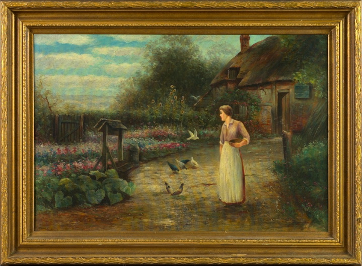 Appraisal: British School th Century Woman Feeding Birds in a Cottage