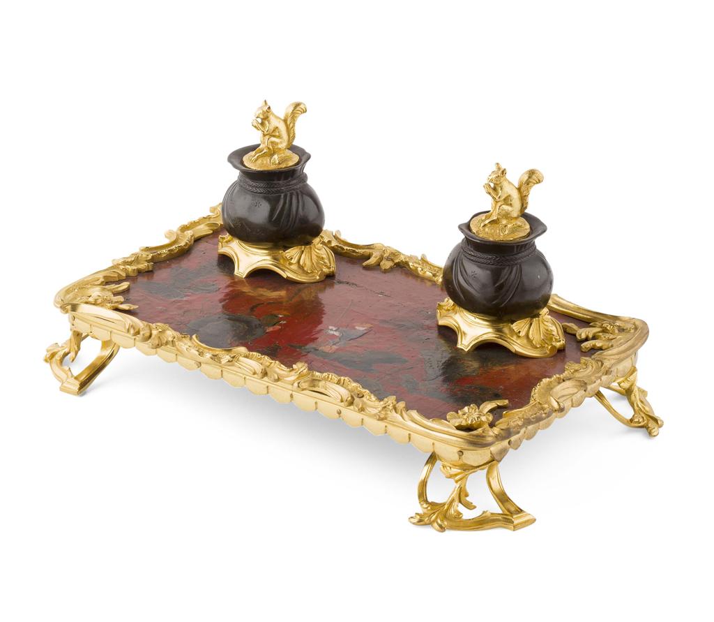 Appraisal: LOUIS XV STYLE LACQUER AND GILT BRONZE MOUNTED INKSTAND LATE