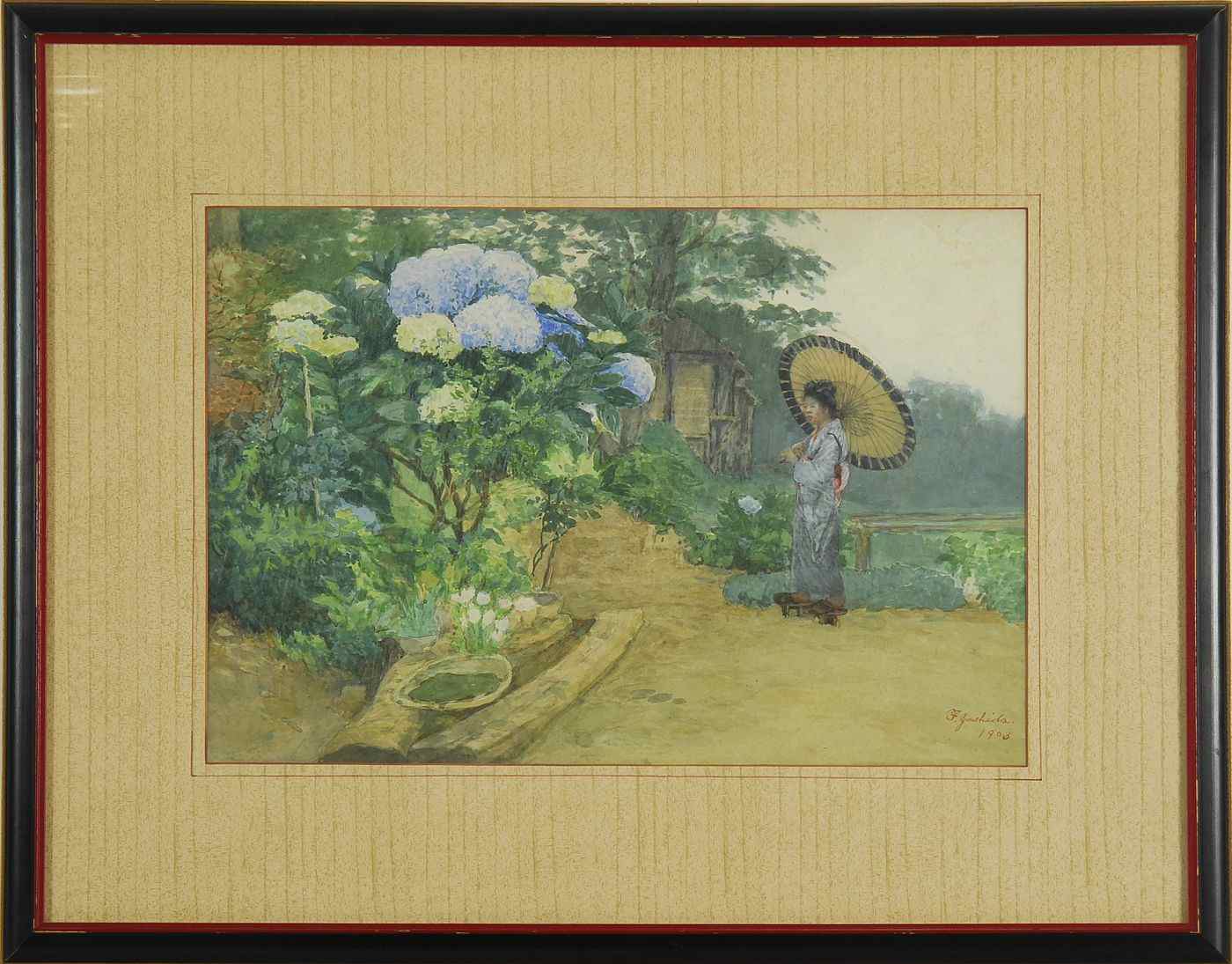 Appraisal: FUJIO YOSHIDAAmerican - Woman with paper umbrella in a garden