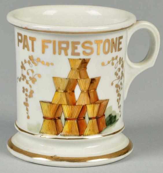 Appraisal: Stacked Hay Scene Shaving Mug Description Gilt name Pat Firestone