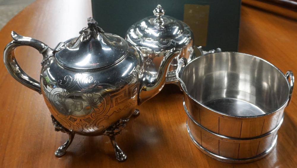 Appraisal: GROUP WITH SILVERPLATE TEAPOT BUTTER DISH AND ICE BUCKETGroup with