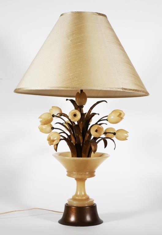 Appraisal: VINTAGE ALABASTER FLOWER BASKET TABLE LAMPUnique lamp with alabaster flowers