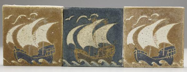 Appraisal: GRUEBYThree ship tiles corner chip see condition report Blue tile