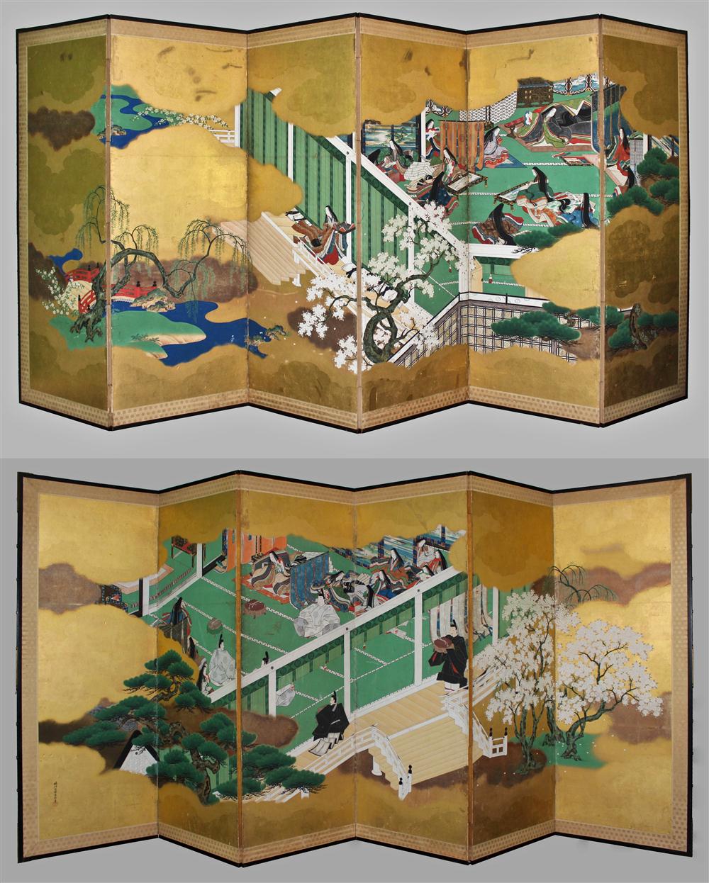 Appraisal: PAIR OF SIX PANEL SCREENS DEPICTING THE TALE OF GENJI