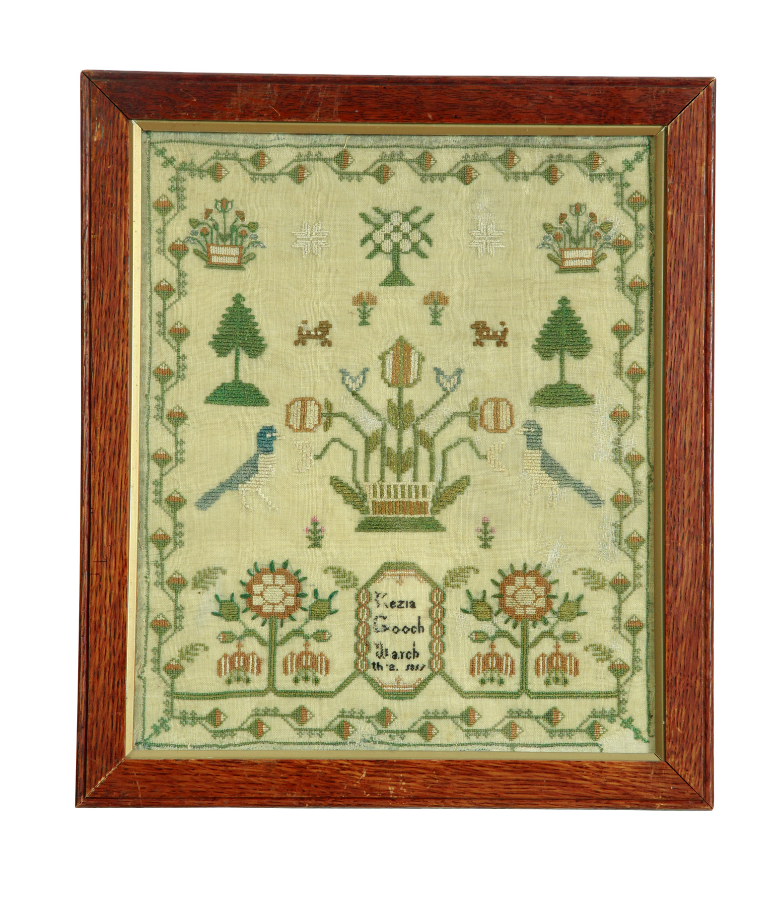 Appraisal: SAMPLER Probably English silk on wool Stylized sunflowers flank hexagonal