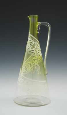 Appraisal: A Stencil Decorated Clear to Yellow Glass Pitcher Apprx -