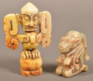 Appraisal: Two Vintage Carved Jade Figures With russet inclusions Tallest -