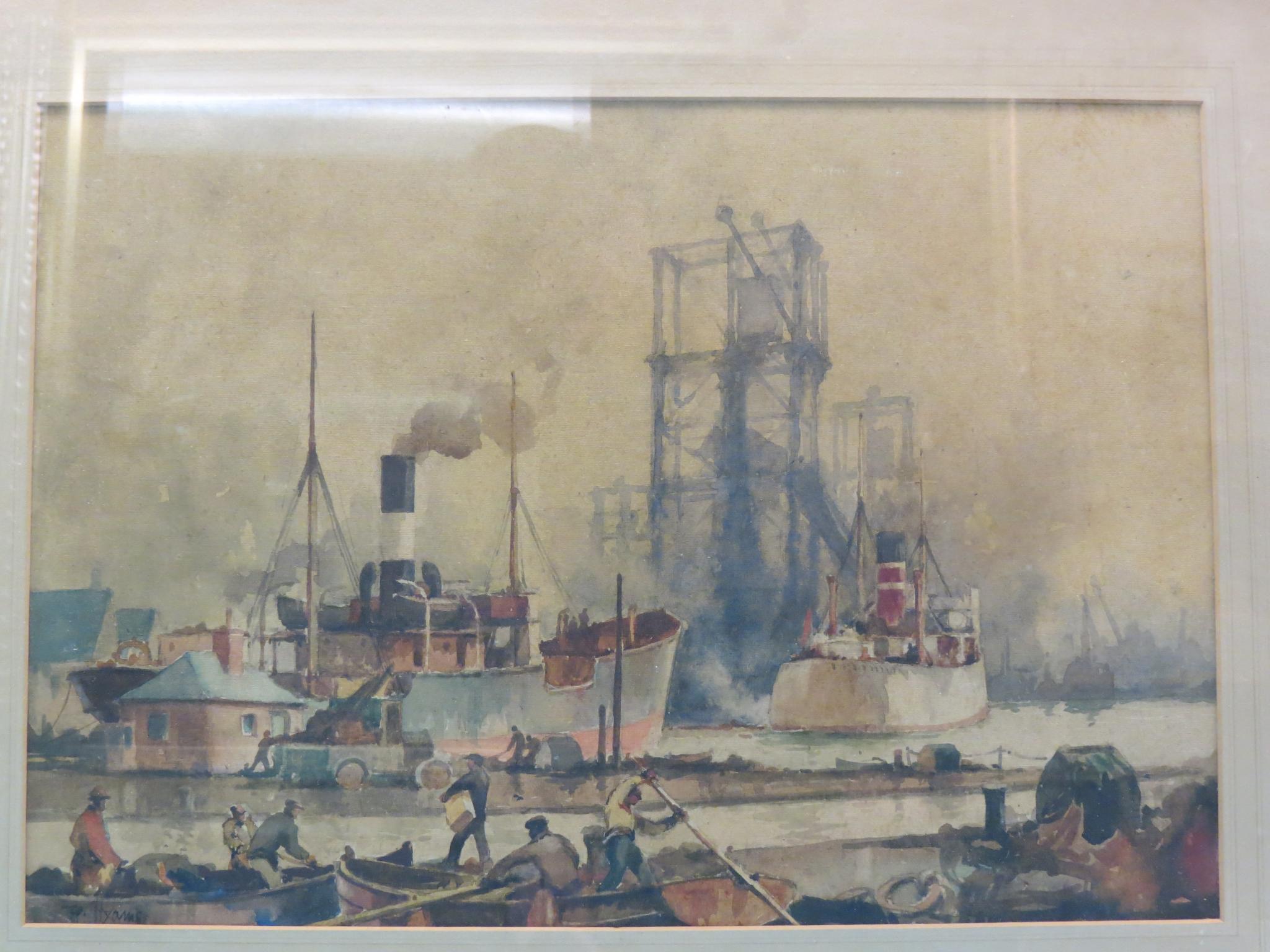 Appraisal: William Hyams - - watercolour populated harbour at Newcastle signed