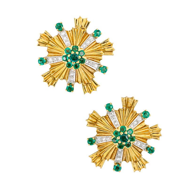 Appraisal: RETRO EMERALD DIAMOND K GOLD EARRINGS Cluster of round brilliant