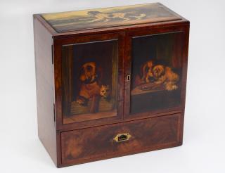 Appraisal: WALNUT TABLE TOP CIGAR CABINET English Decorated with dogs Height